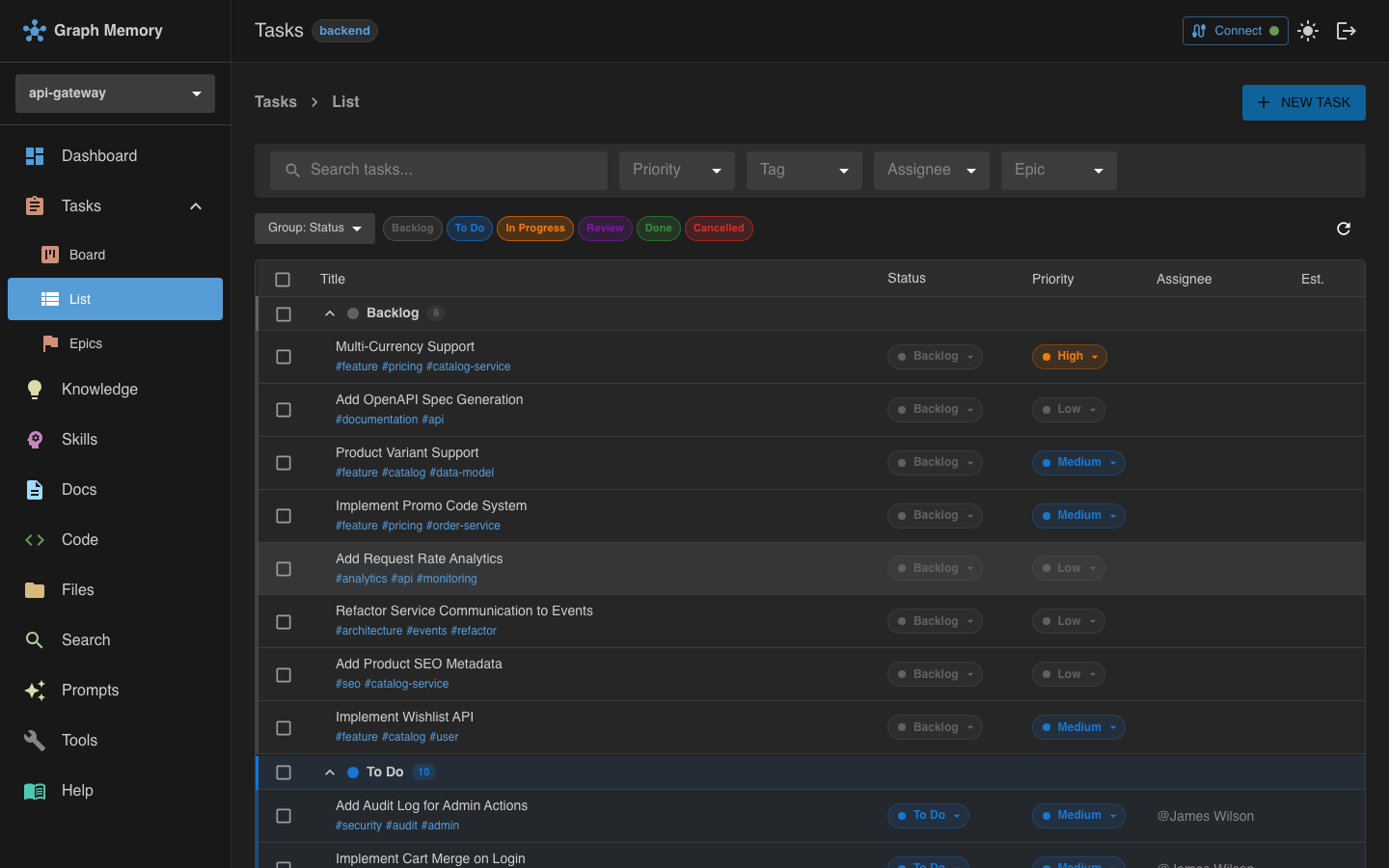 Task list with grouping and filters
